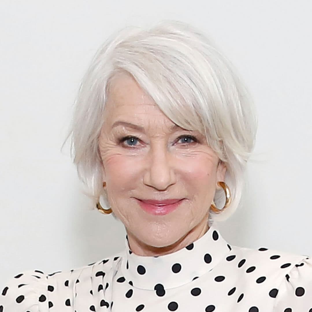 Image of Helen Mirren in a black polka-dotted dress rocking a short hairstyle