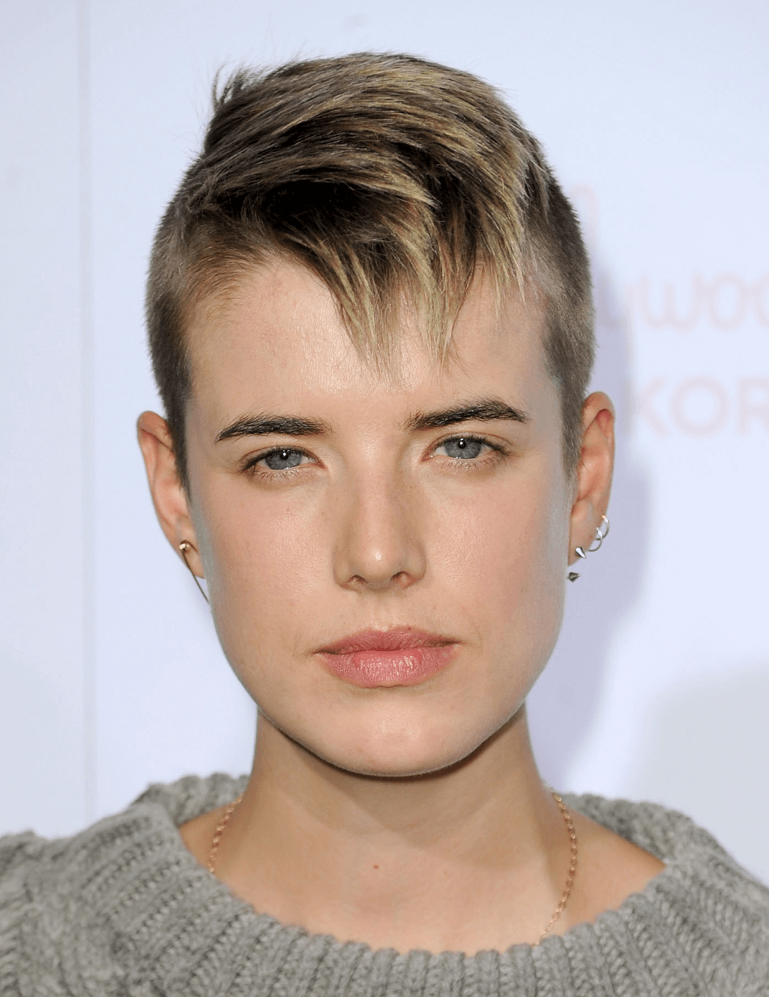 Model Agyness Deyn sporting on a grey sweatshirt, no-makeup makeup look, and a mohawk hairstyle