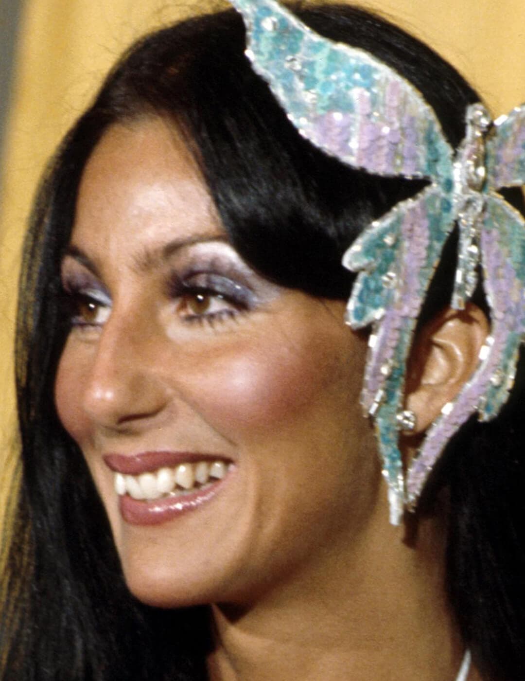 A photo of Cher wearing a large butterfly pin in her hair on March 2, 1974 in Los Angeles