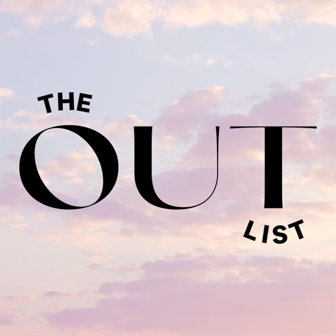 Black text "THE OUT LIST" on sunset sky and clouds background