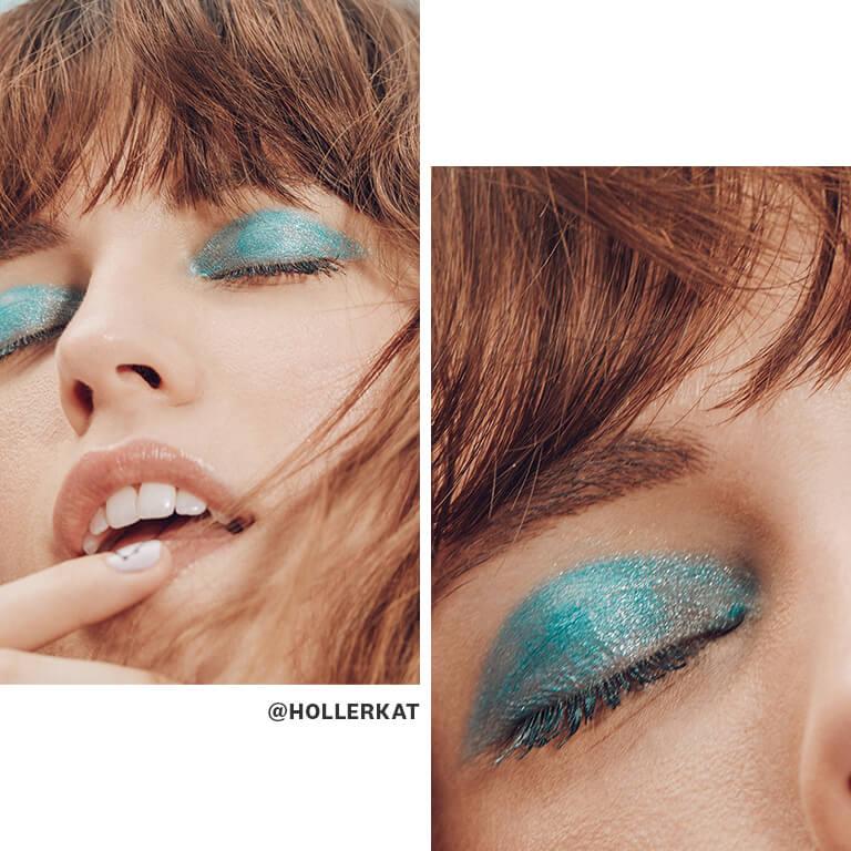 Model Katharina Holler showing an aquamarine eye makeup look