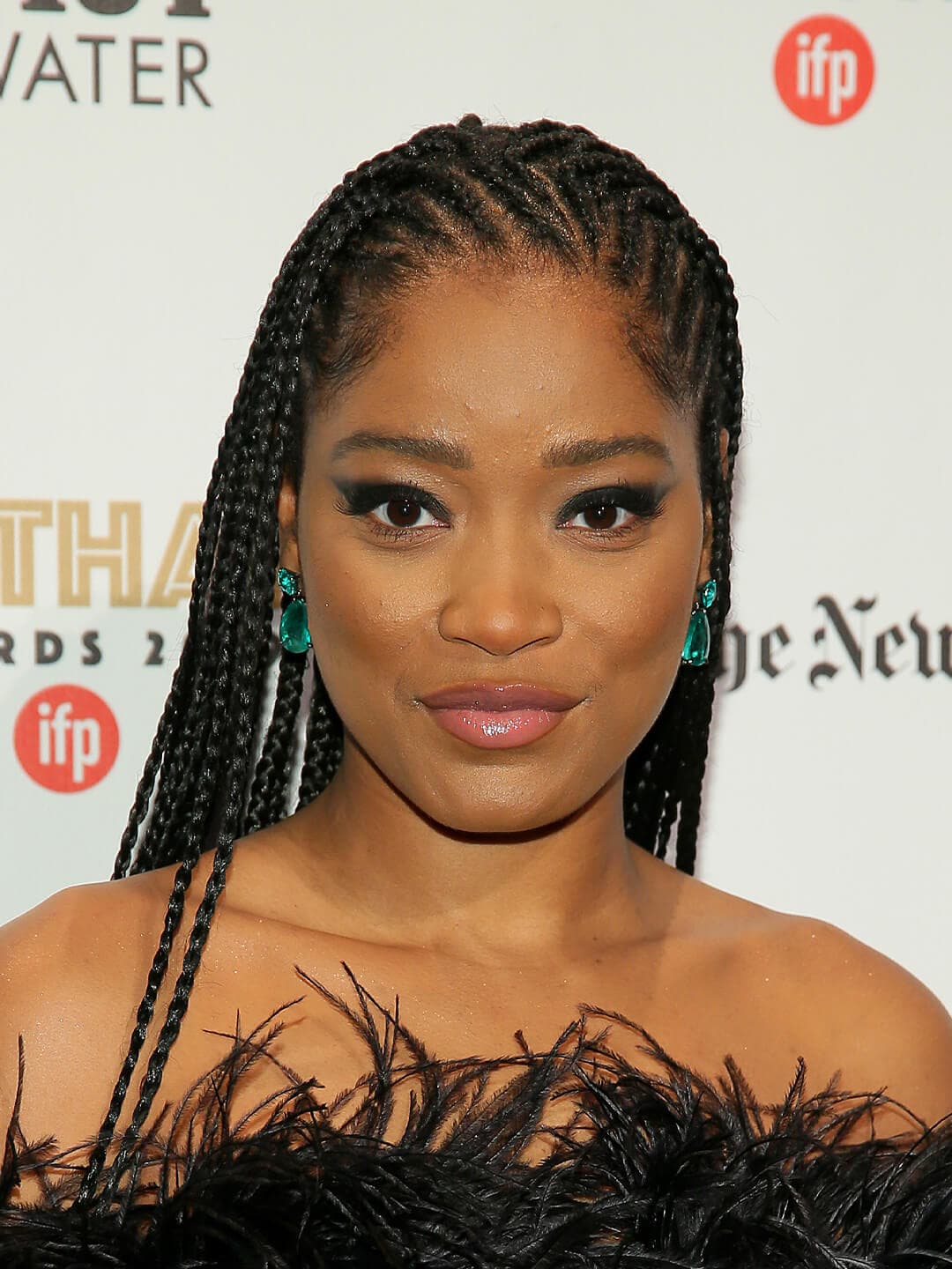 Keke Palmer rocking a black, feathery dress and braided hairstyle