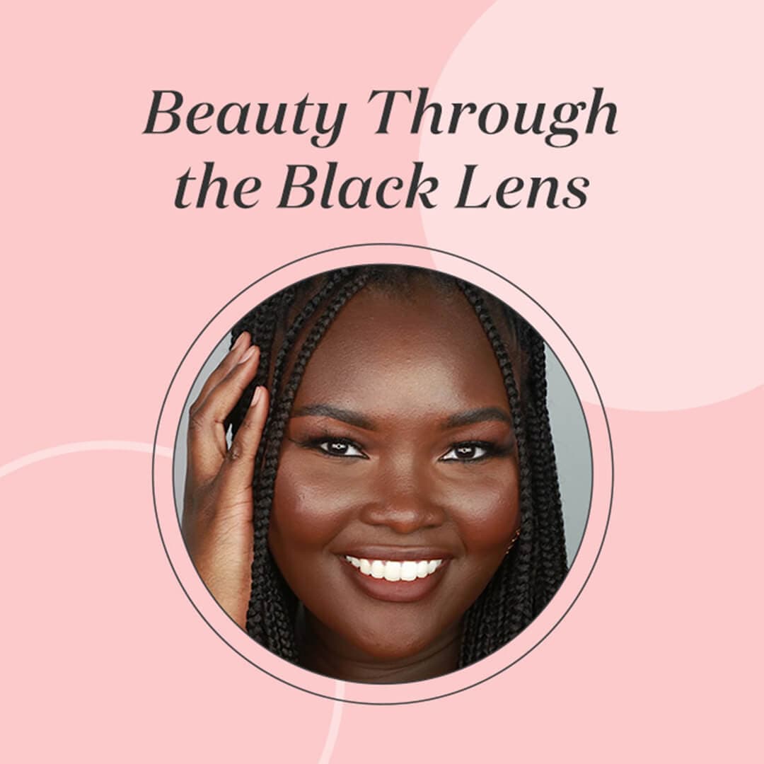 Profile image of Ndeye on pink background with black text Beauty Through the Black Lens