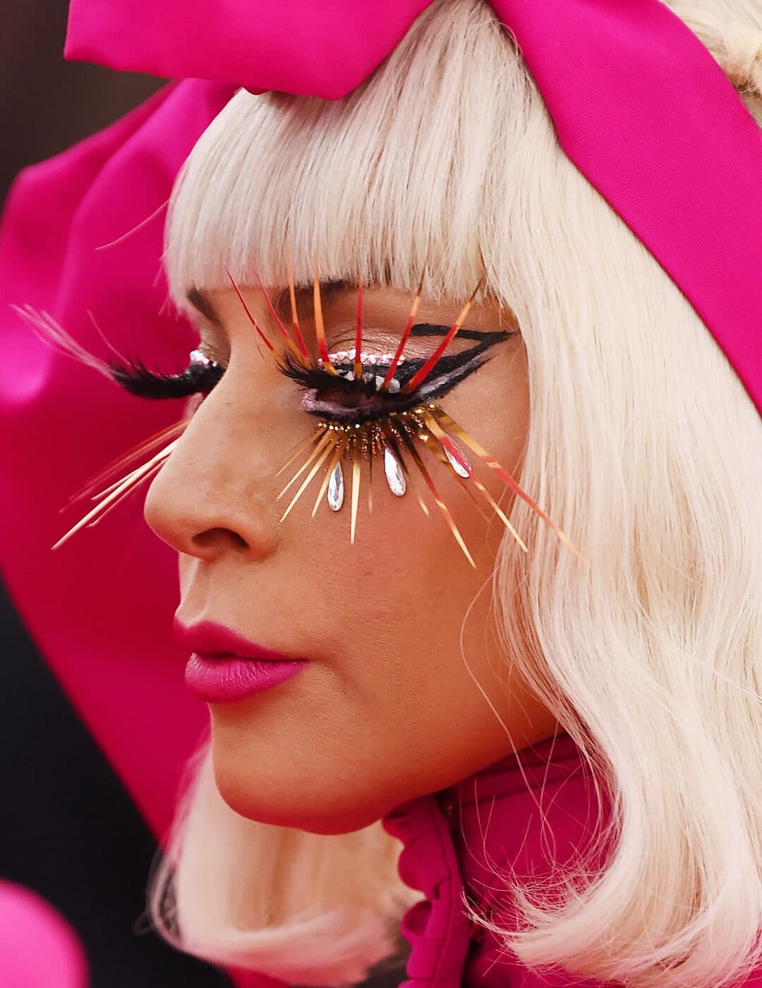 Close-up of Lady Gaga rocking a graphic eye makeup look and over-the-top lashes