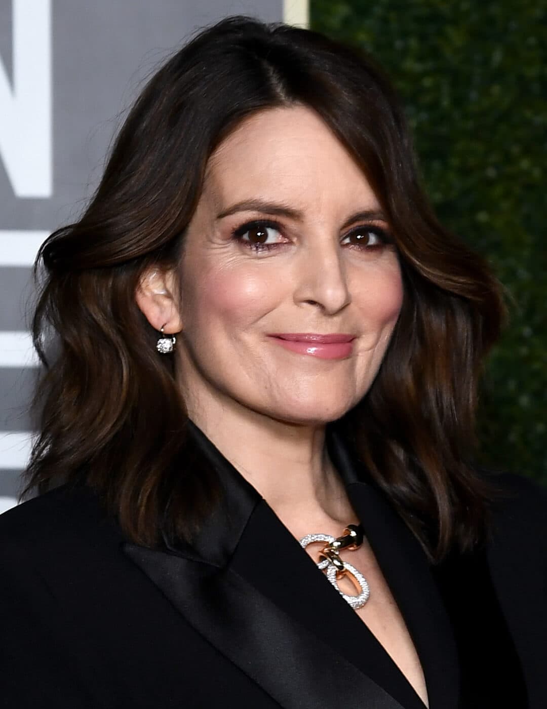 Tina Fey looking glam in a voluminous hairstyle and black suit