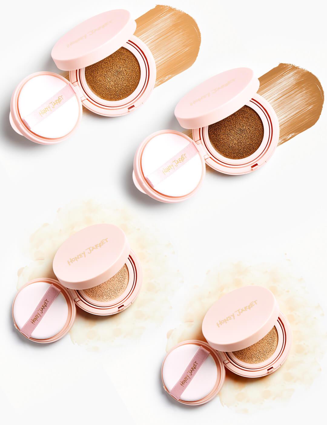 An image of HONEY JARRET Clean Cover Cushion Foundation in Tan Cocoa, Light Vanilla, Light Ivory, and Golden Honey.