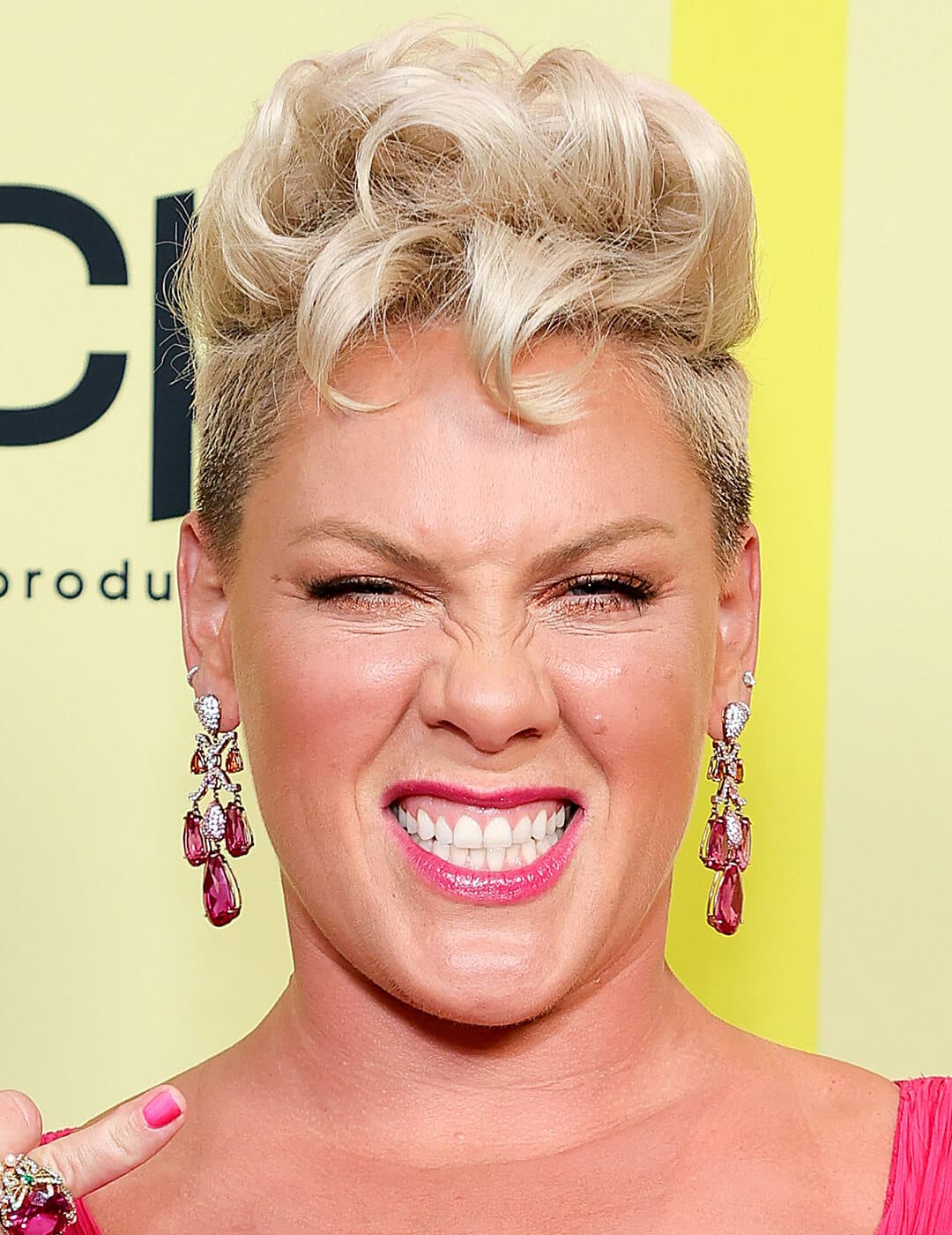 P!nk rocking a curly pompadour and ombré undercut hairstyle and posing