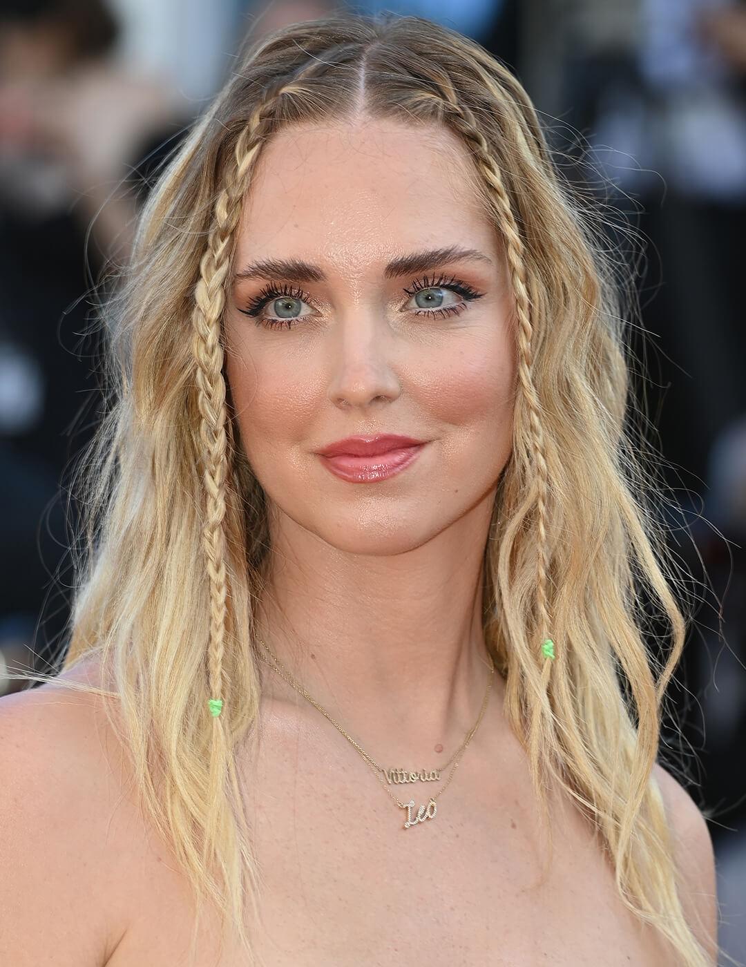 Chiara Ferragni rocking a wavy hairstyle with braided tendrils at the red carpet