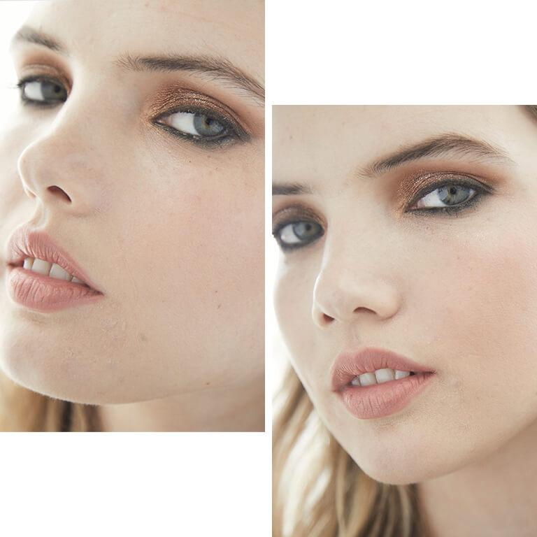 Two closeup images of a model wearing copper eyeshadow topped with black eyeliner and paired with nude pink lipstick