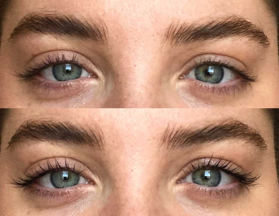 Collage image of model's eyes before and after applying the VICTORIA BECKHAM BEAUTY Future Lash Mascara