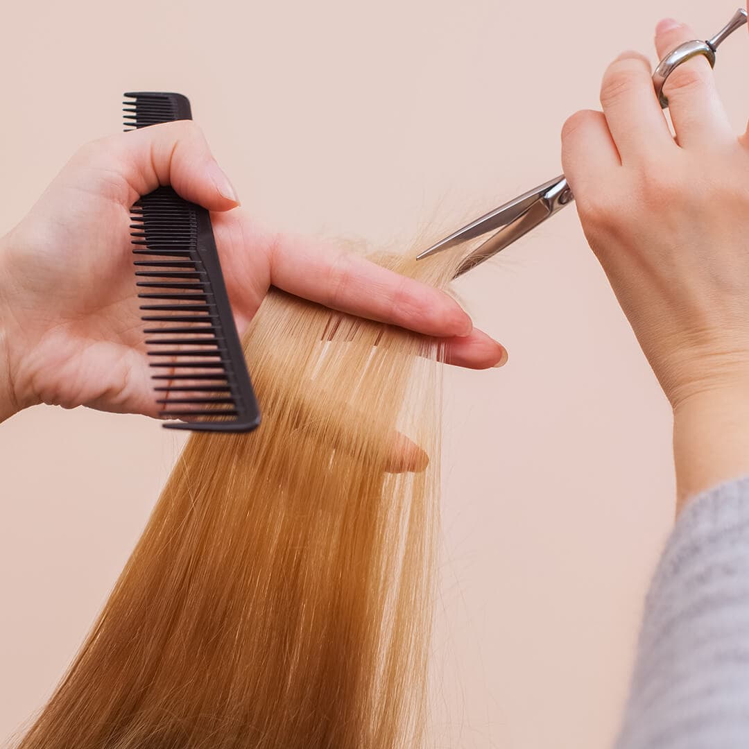 A photo of a model's hands trimming hair with a pair of scissors with a comb