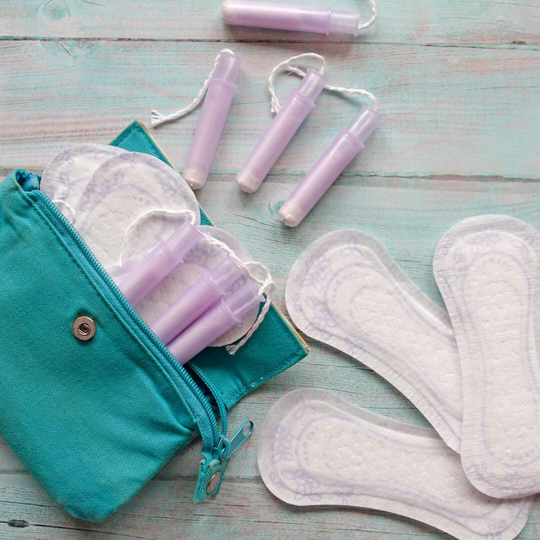 Menstrual bag with cotton tampons and sanitary pads