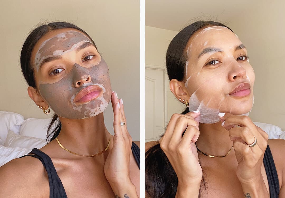Image of a woman putting on a clay mask and another image of the same woman putting on a sheet mask