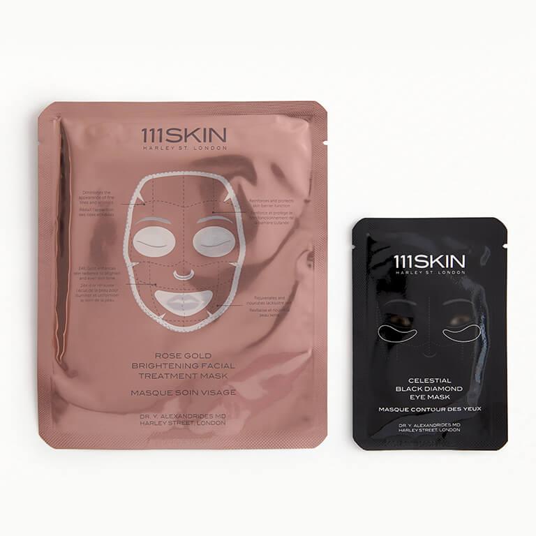 An image of 111SKIN Rose Gold Brightening Facial Treatment Sheet Mask & Celestial Black Diamond Eye Mask Set