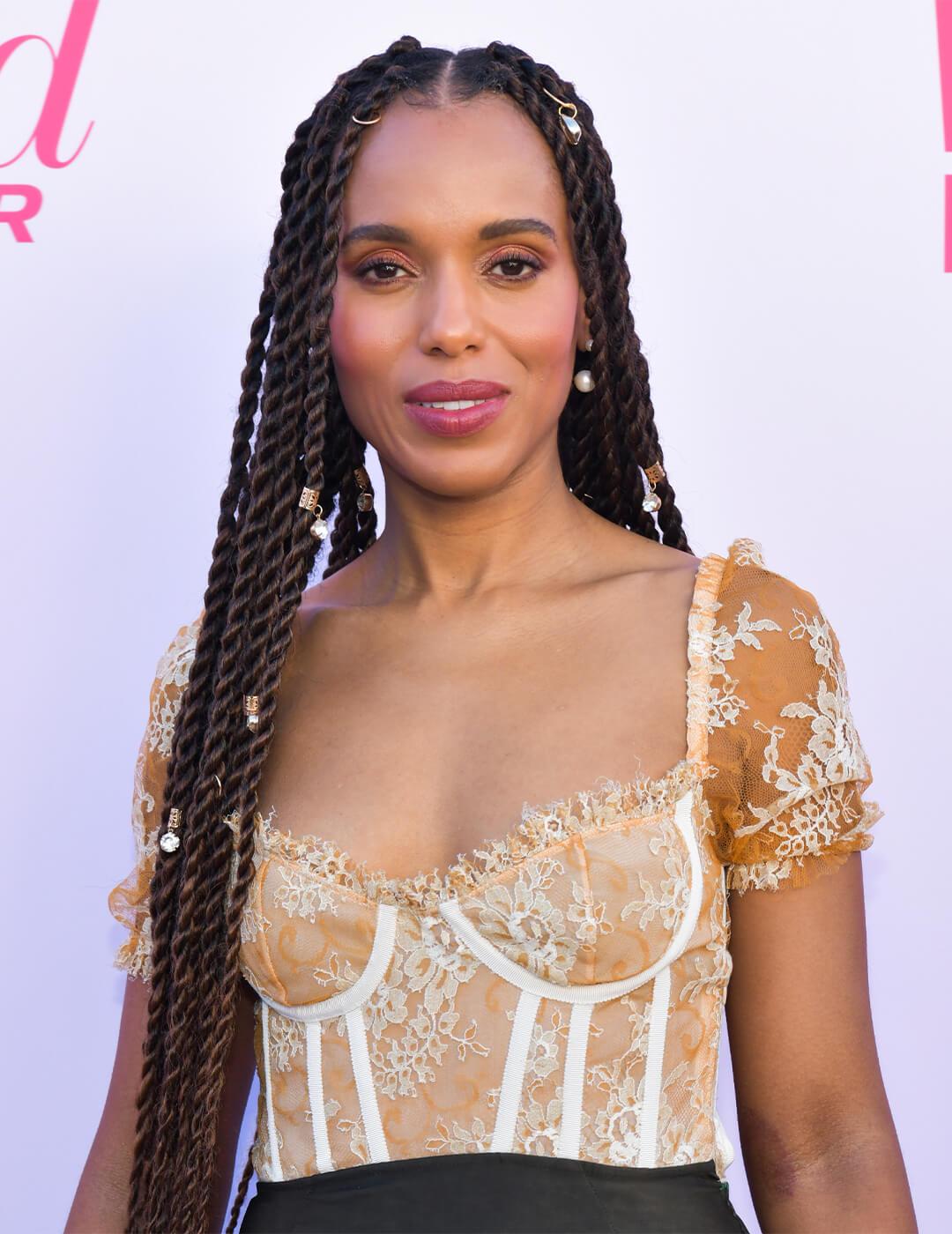 Kerry Washington in a Victorian-inspired dress and Sengalese twist hairstyle