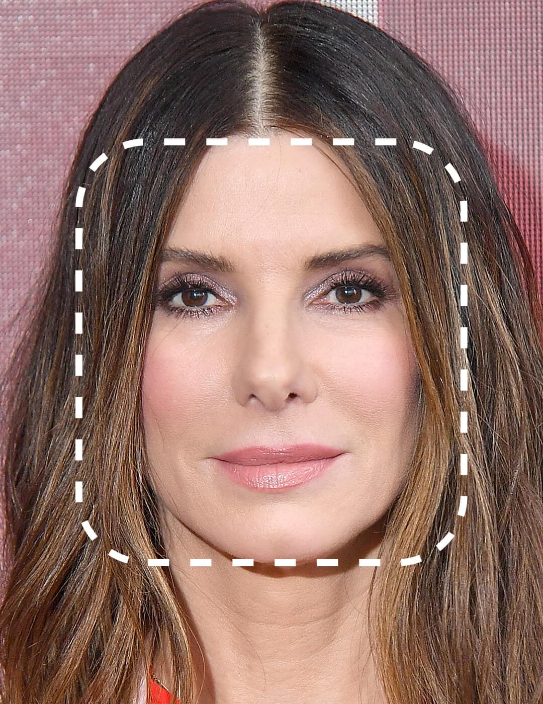 Close-up of Sandra Bullock with a broken line square shape overlay