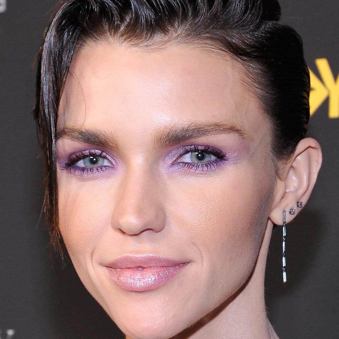 Close-up image of Ruby Rose rocking a shimmery lavender eye makeup look