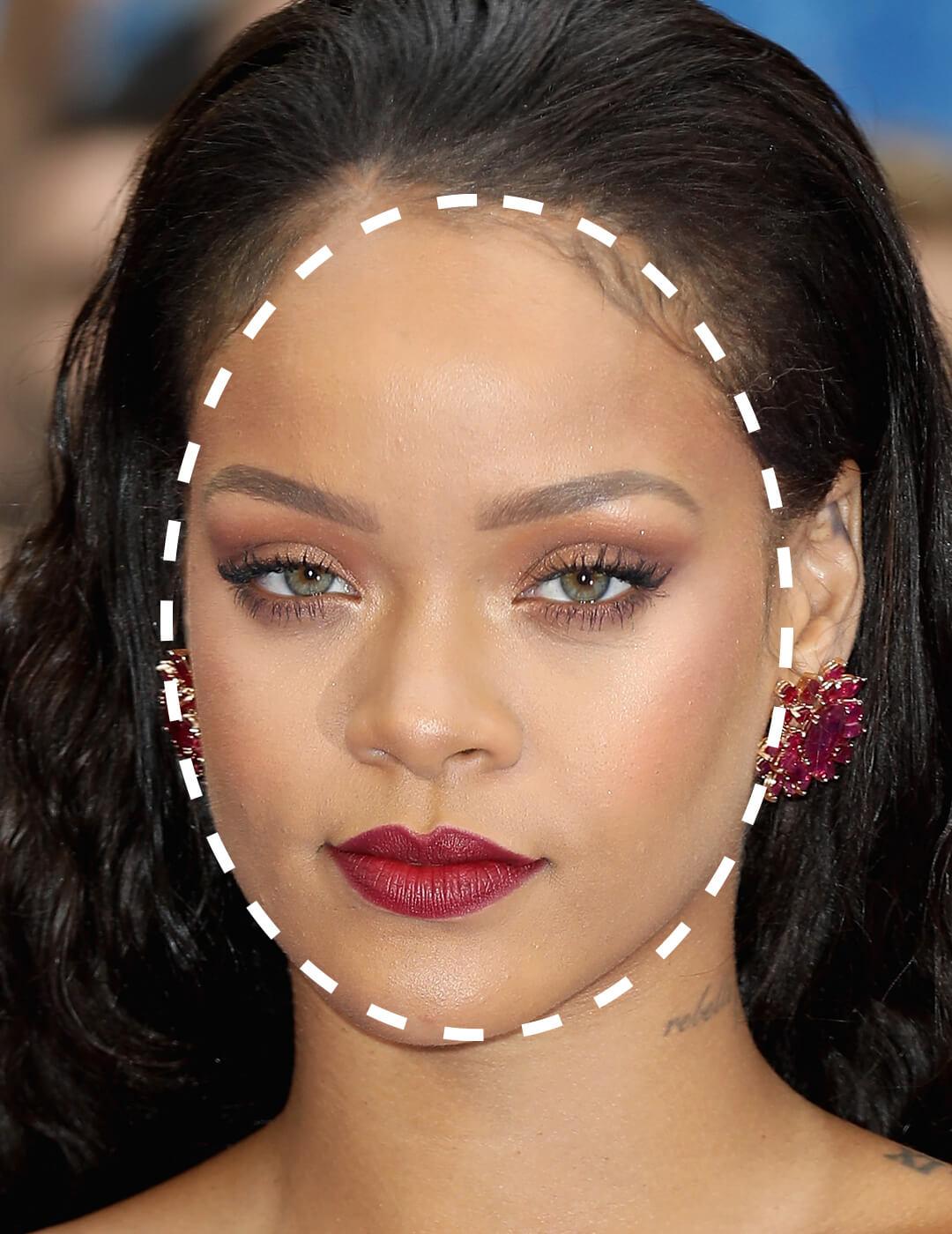 Close-up of Rihanna with a broken line oval shape overlay
