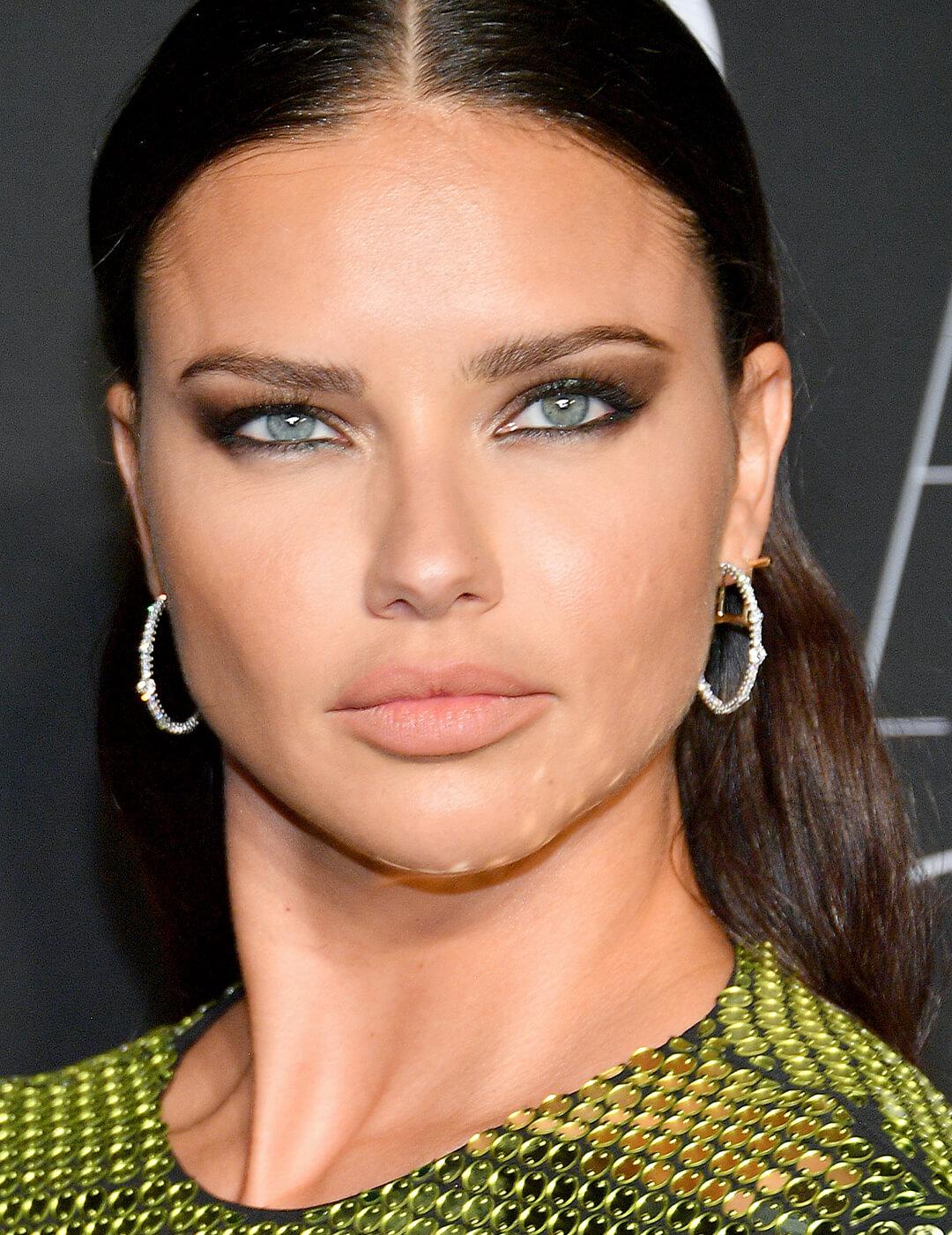 Adriana Lima looking fierce in a bronzy, metallic smoky eye makeup look and green sequined dress