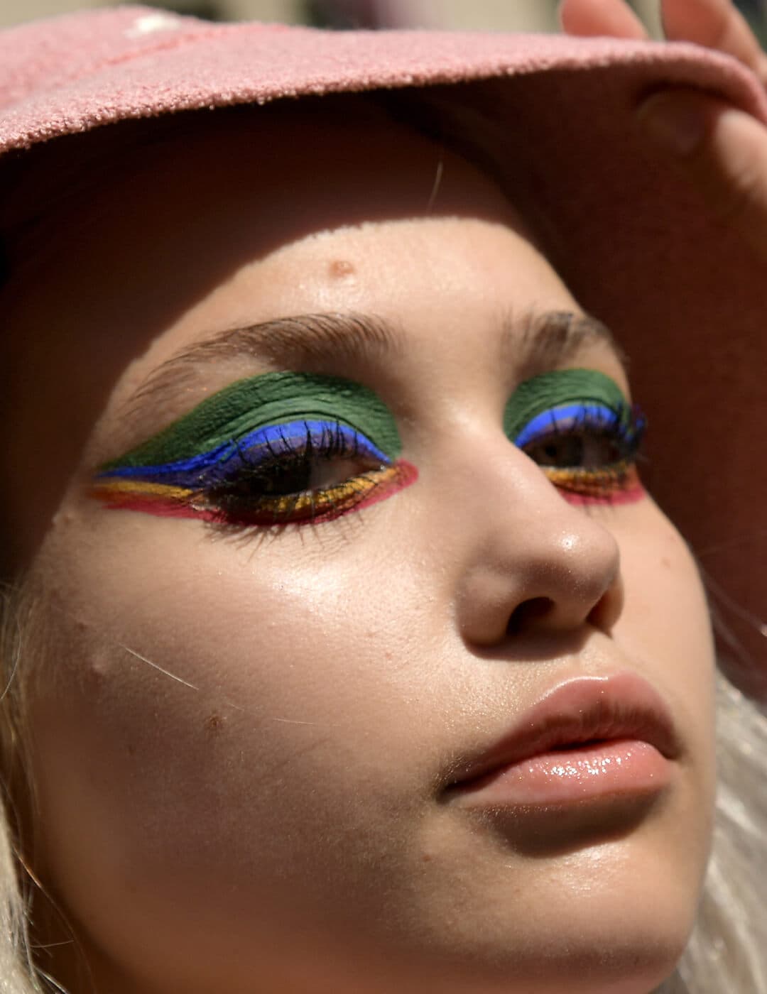 Close-up of Chloe Pultar rocking a matte rainbow eye makeup look