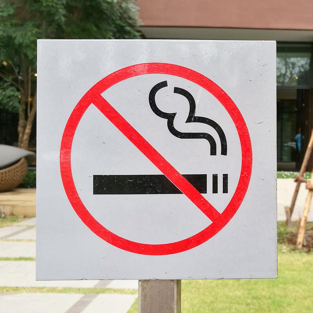 A photo of a non-smoking sign in front of a garden