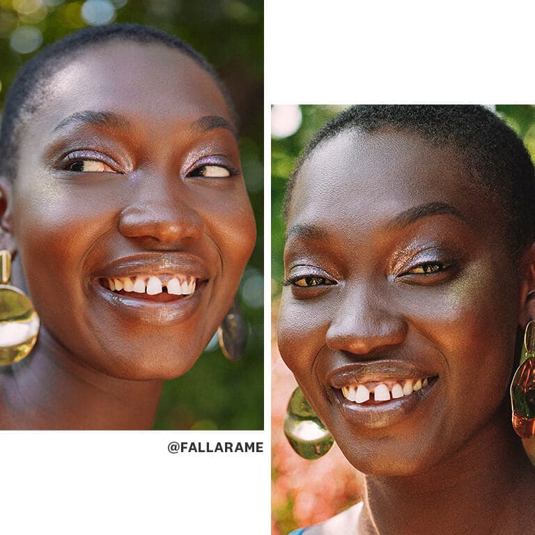 Smiling model Arame Fall rocking a shimmery eyeshadow makeup look