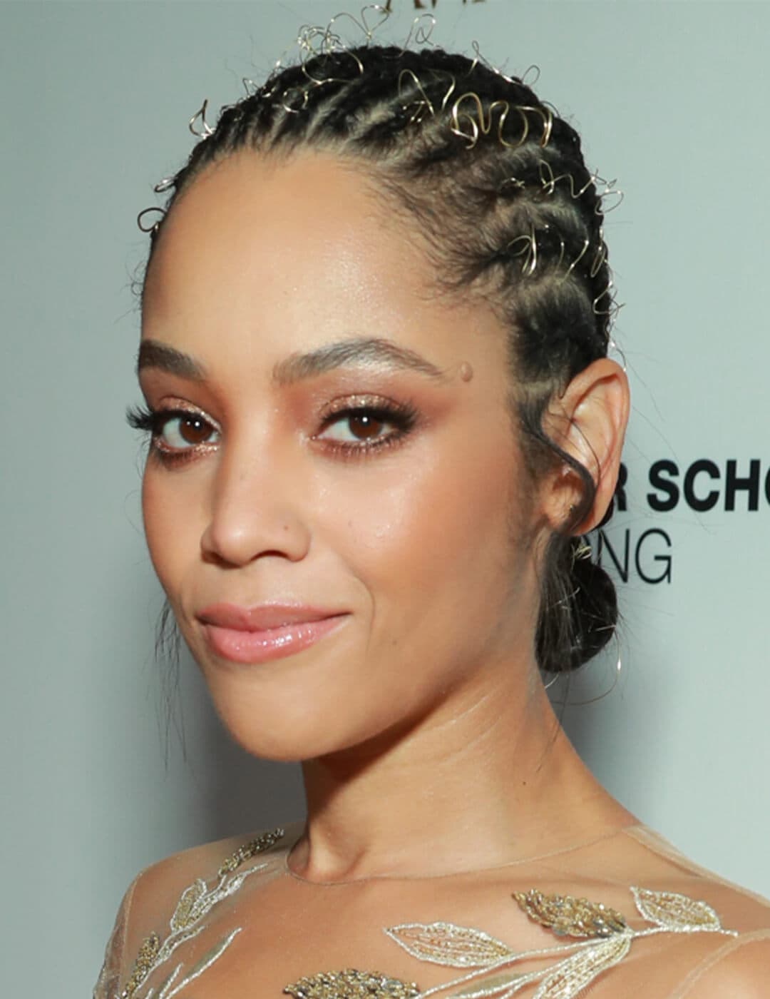 Bianca Lawson sporting a braided hairstyle with golden fine coiled wire