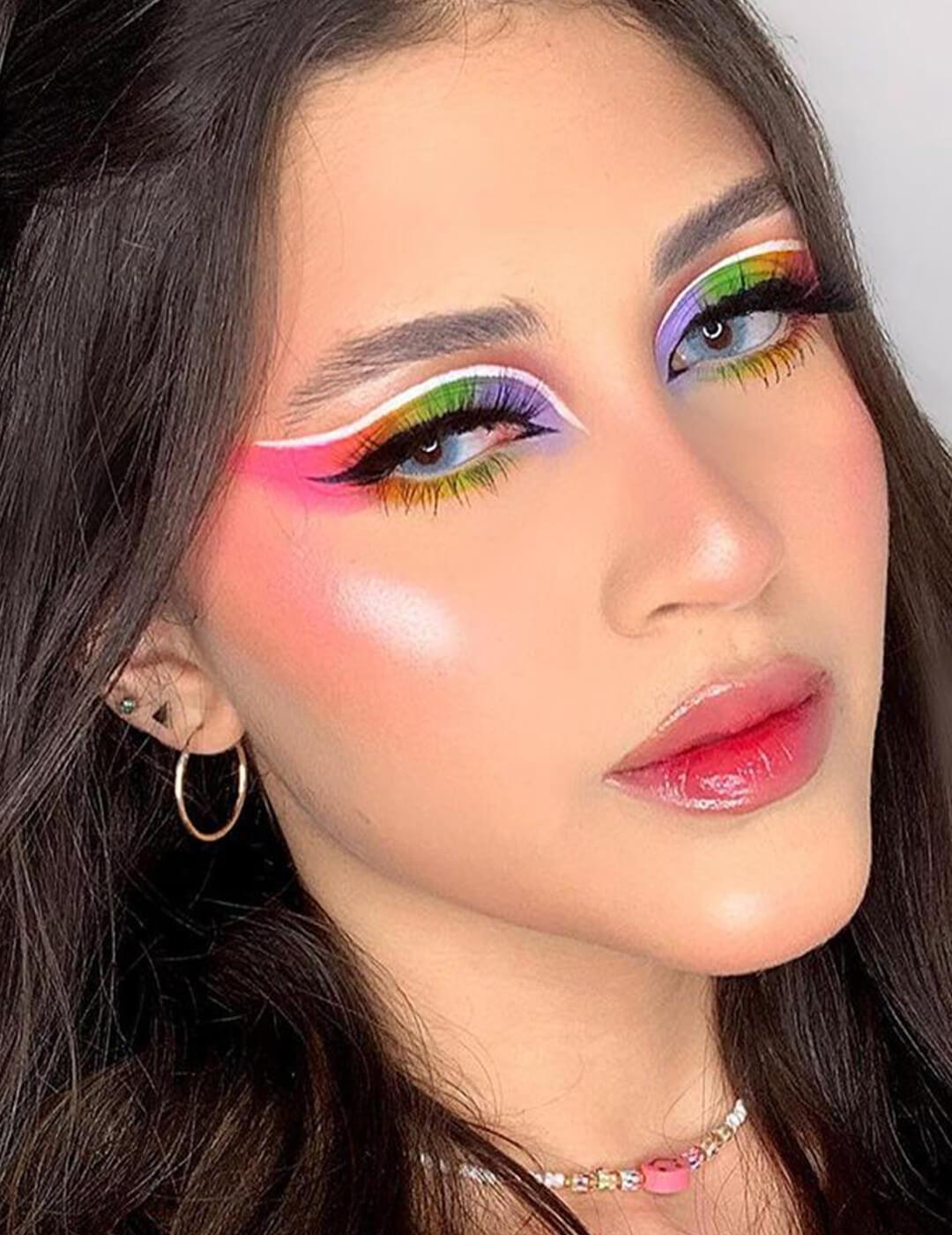 Close-up of a beautiful woman's rainbow eyeshadow makeup look with graphic white eyeliner