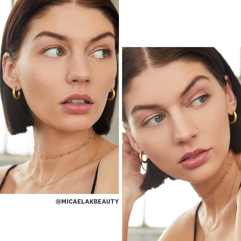Collage image of model Micaela posing and rocking a soft pink eyeshadow and lip makeup look