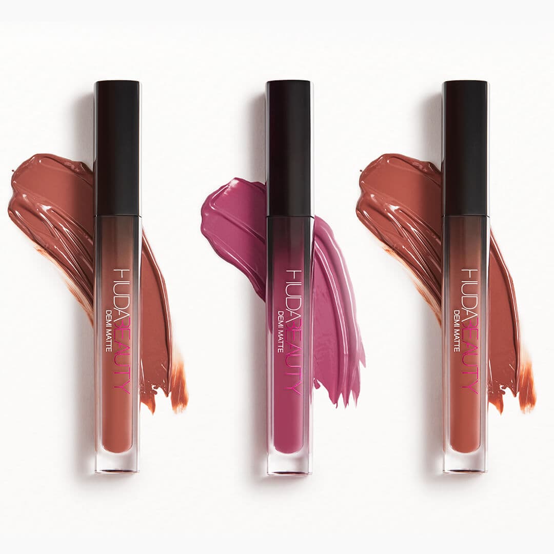 An image of HUDA BEAUTY Demi Matte Cream Liquid Lipstick in Feminist, SHEro, and Lady Boss.