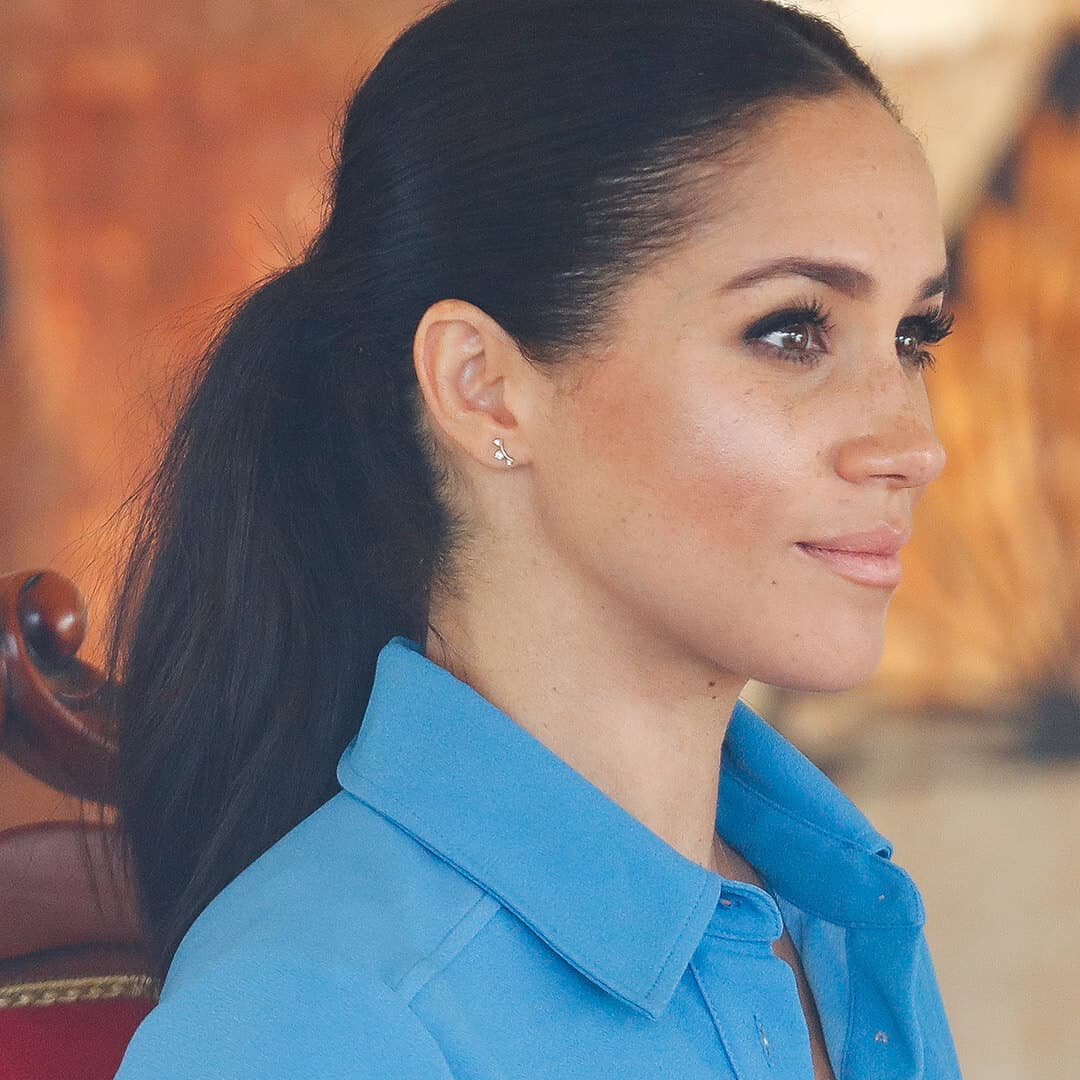 Meghan Markle, Duchess of Sussex, rocking a chic low ponytail hairstyle