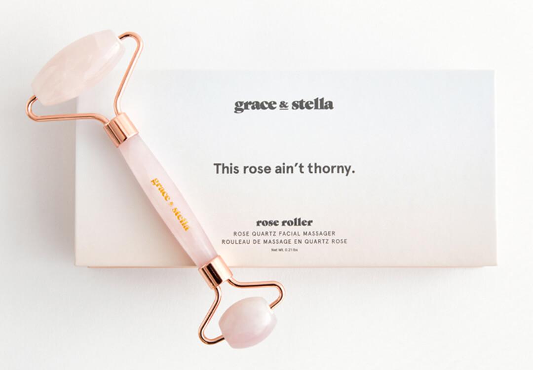 An image of GRACE & STELLA Rose Quartz Facial Roller.