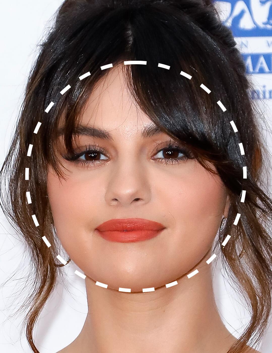 Close-up of Selena Gomez with a broken line round shape overlay