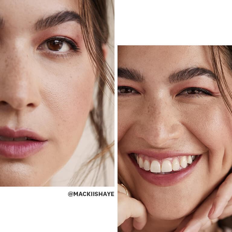 Collage image of Mackii Shaye smiling and rocking a pink eyeshadow makeup look