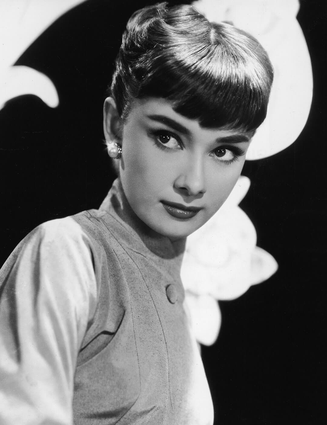 Black and white portrait of American actress Audrey Hepburn