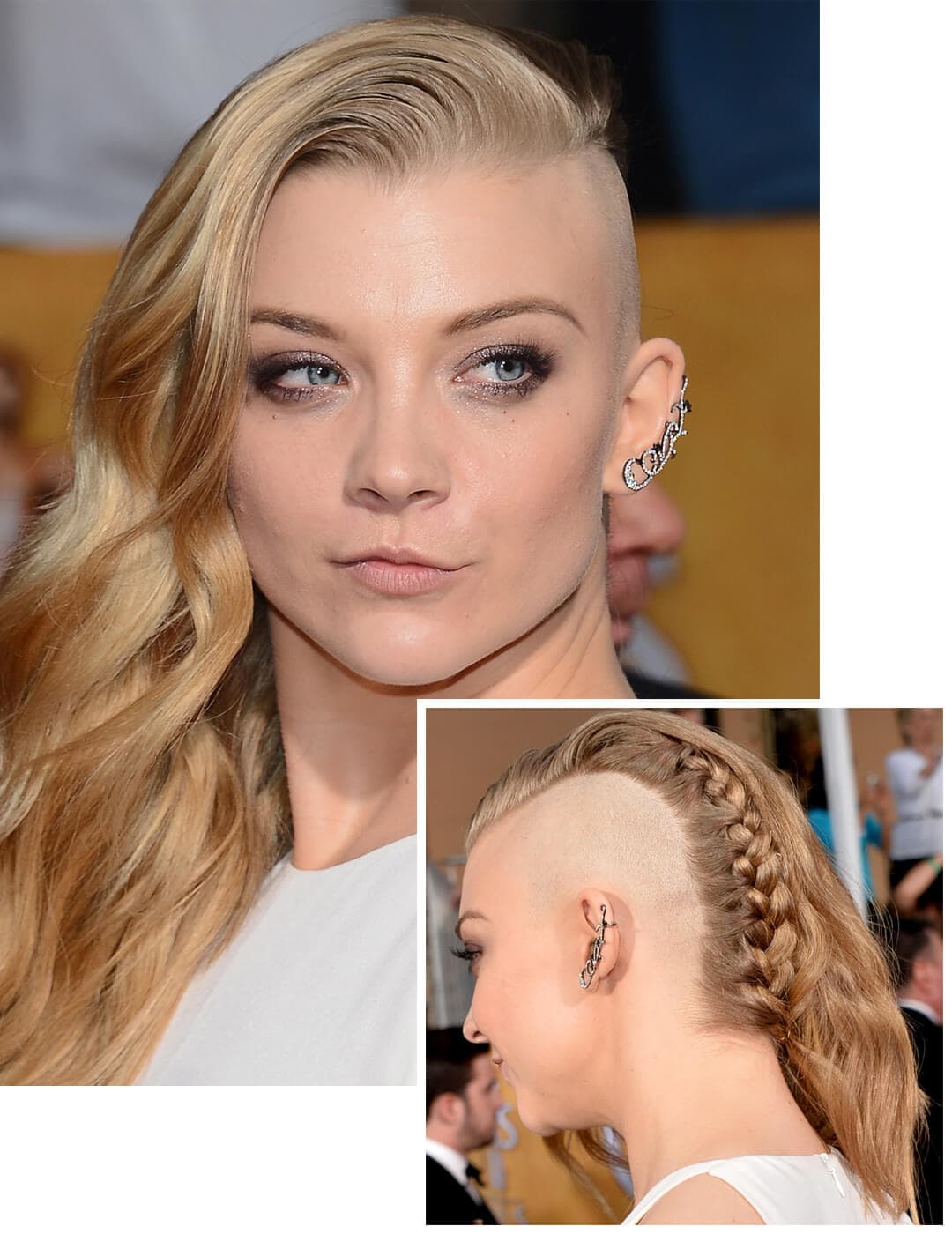 Natalie Dormer rocking an asymmetrical long hair undercut hairstyle with French braid details at the back