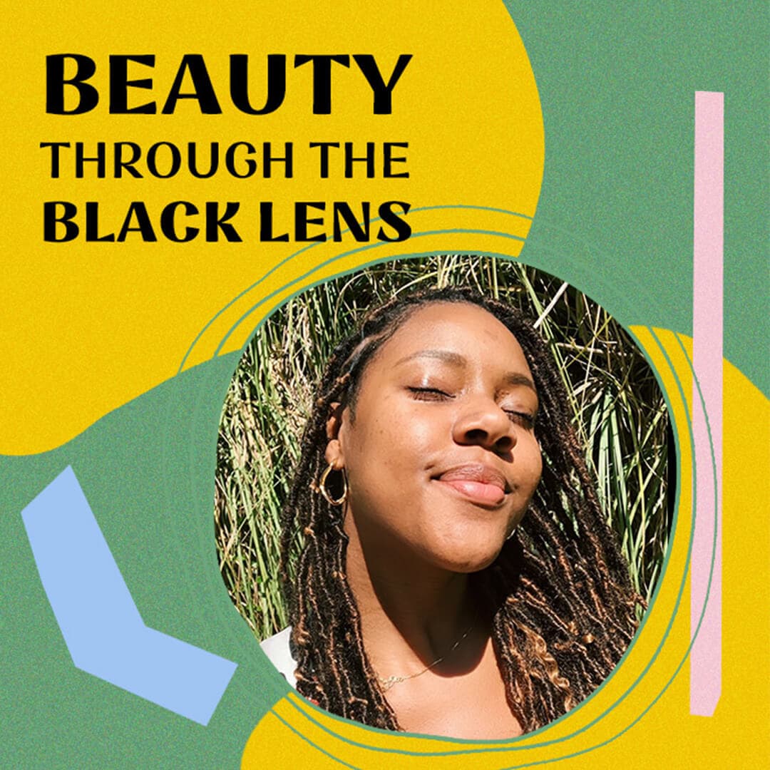 Profile image of Kindra Moné on colorful, graphic frame with black text "Beauty Through the Black Lens"
