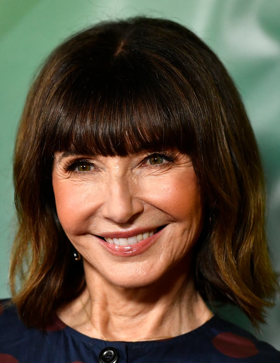 A photo of Mary Steenburgen in her black mid-length bob with bangs wearing a dark blue jumpsuit with a printed red polka dot  