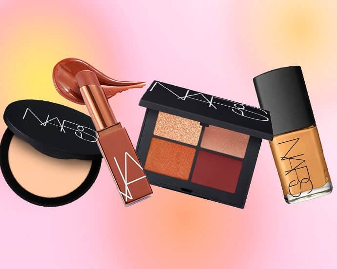 An assortment of NARS makeup items, including lipstick, eyeshadow, and ...