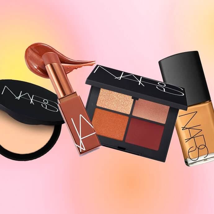 An assortment of NARS makeup items, including lipstick, eyeshadow, and ...
