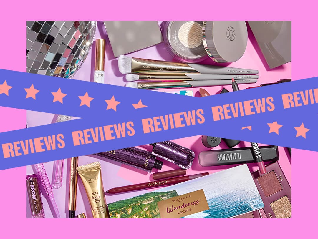 Beauty products from various brands scattered inside lilac pink frame with blue thick line across and orange text REVIEWS