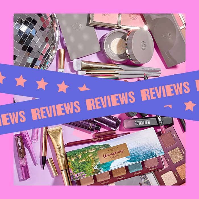 Beauty products from various brands scattered inside lilac pink frame with blue thick line across and orange text REVIEWS
