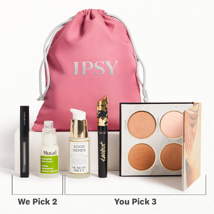 Image of makeup and skincare products and IPSY drawstring bag on white background