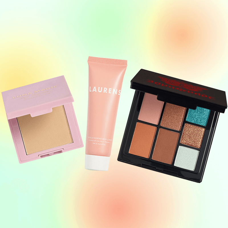 Choice products from the May 2024 IPSY Glam Bag on pink and green ombre background