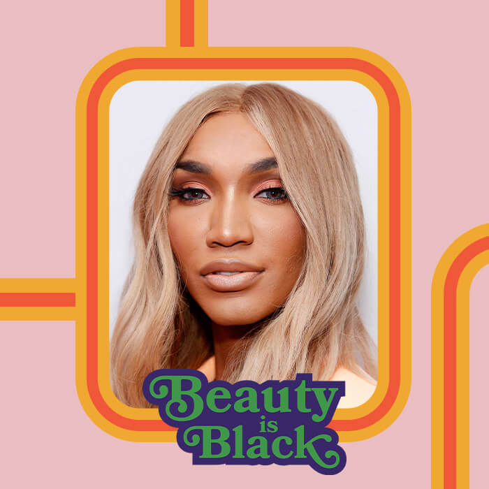 Close-up of a beautiful Black woman insde a pink and orange graphic frame with green and blue text Beauty is Black