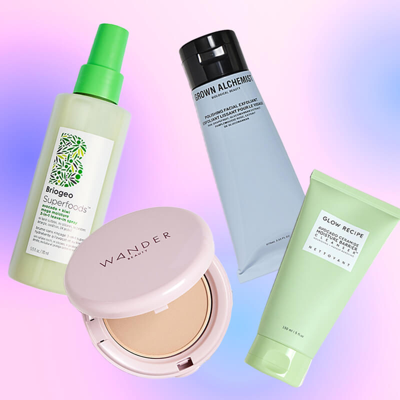 Skincare and makeup products from various brands on colorful background