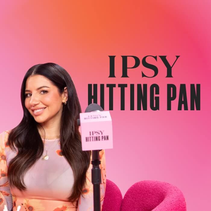 Justine Marjan sitting in a hot pink chair against a pink and orange ombré background featuring the Hitting Pan logo