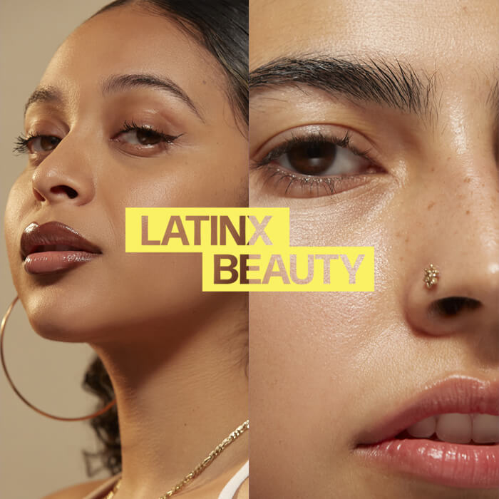 Collage image of portraits of young women with natural makeup looks and yellow text LATINX BEAUTY