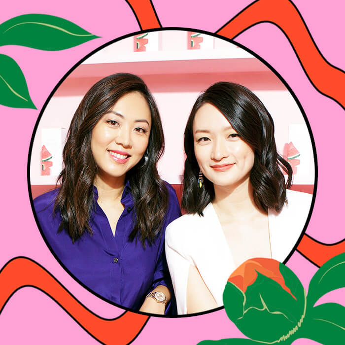 Portrait of Sarah Lee and Christine Chang, GLOW RECIPE founders, inside colorful graphic frame