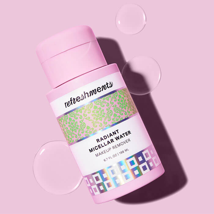 REFRESHMENTS Radiant Micellar Water swatched on pink background